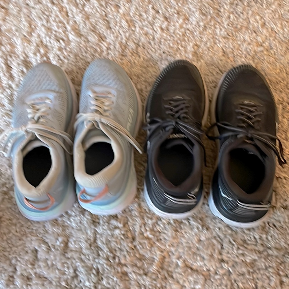 Hoka Bondi 7, Size US 8.5- 2 pair. Black/White and Blue.  Pre owned
